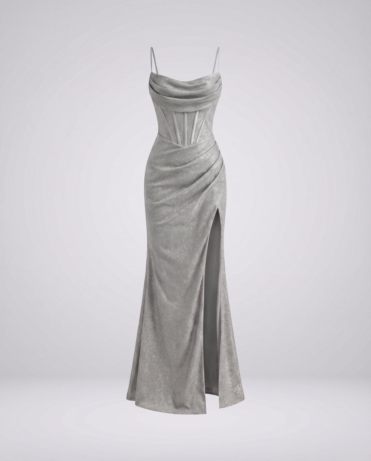 Rochie maxi de seară de damă cu sclipici – decolteu drapat tip cowl, corsaj în stil corset și crăpătură pe coapsă, pentru ocazii formale