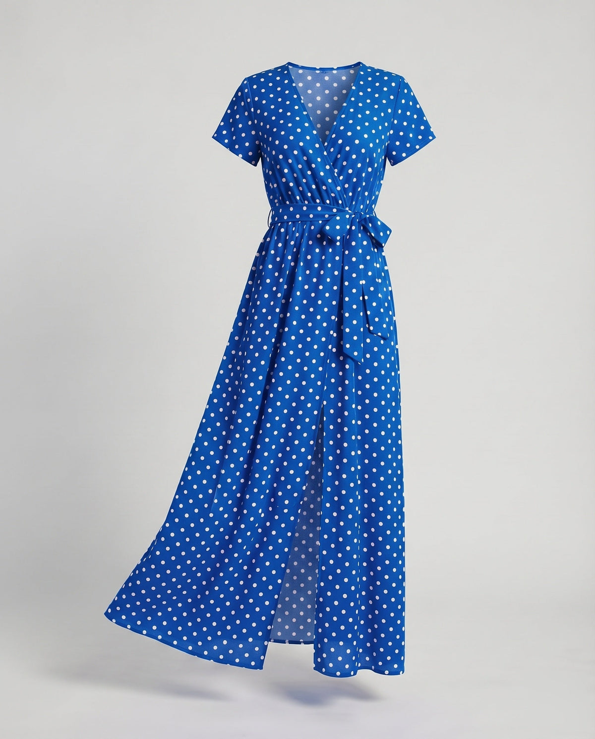 Rochie maxi petrecută cu buline pentru femei – Rochie elegantă de vară cu decolteu în V, mâneci scurte, talie cu cordon și crăpătură frontală înaltă, pentru ținute casual și de vacanță