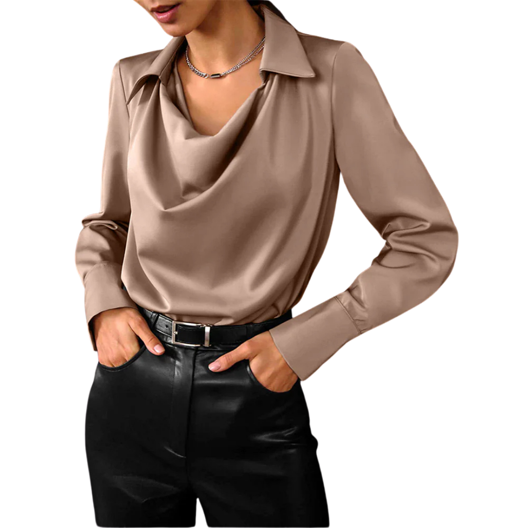 Blusa de satén para mujer con escote drapeado y mangas largas