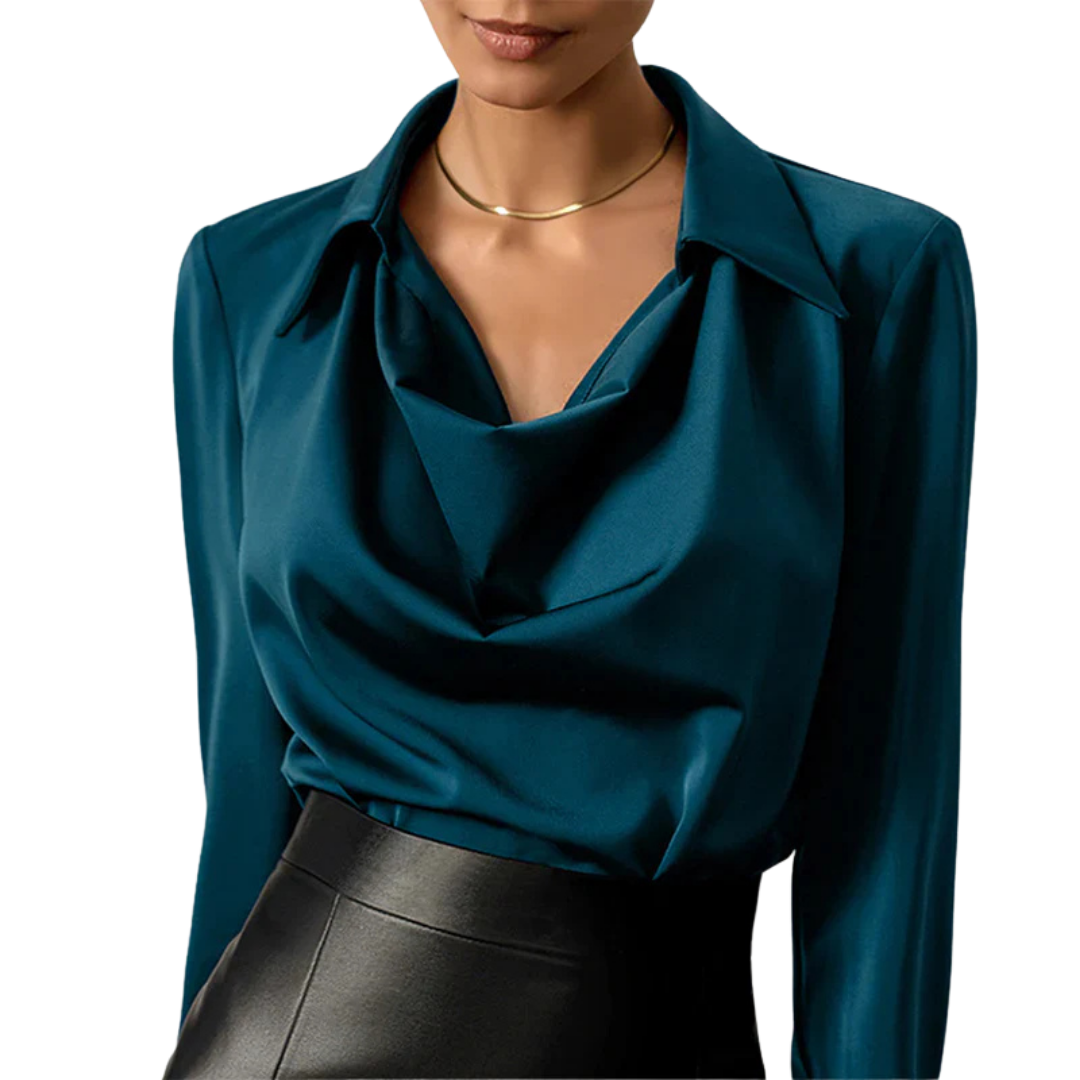 Blusa de satén para mujer con escote drapeado y mangas largas