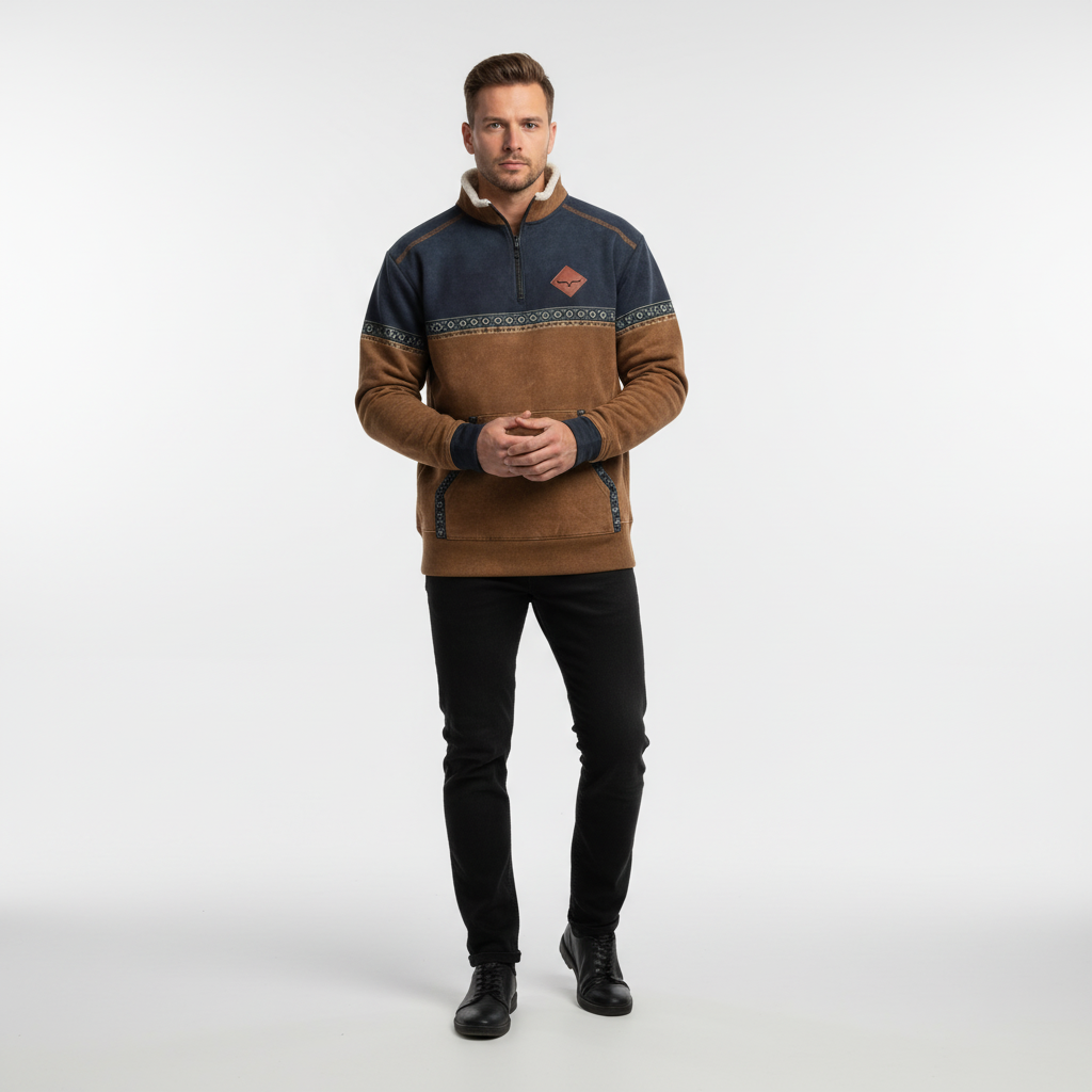 Herre fleece-trøje med kvart lynlås, sherpa-krave og trykt kant