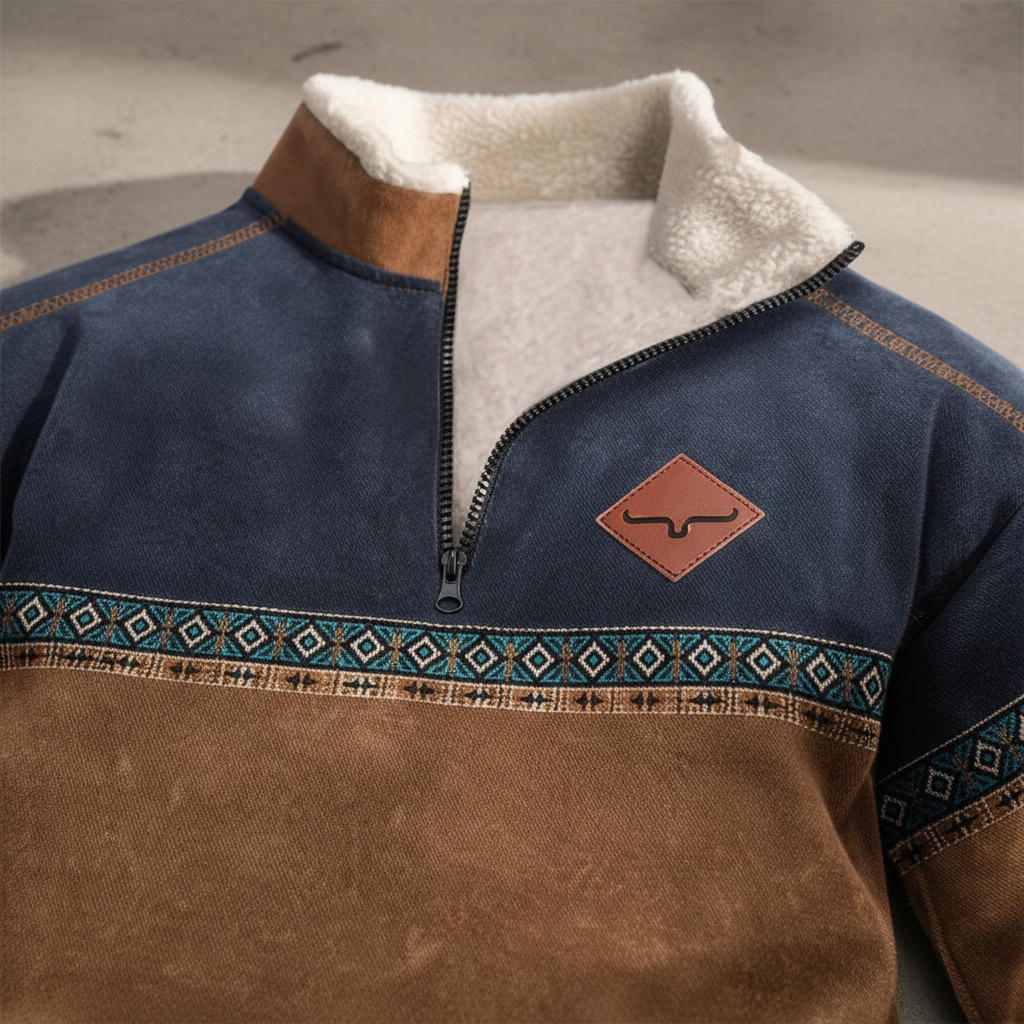 Herre fleece-trøje med kvart lynlås, sherpa-krave og trykt kant