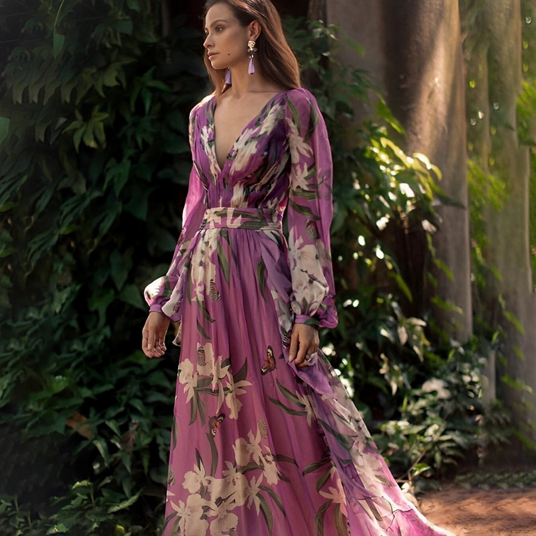 Women’s Printed V-Neck Maxi Dress – Flowing Wedding Guest Style for Day and Evening Events