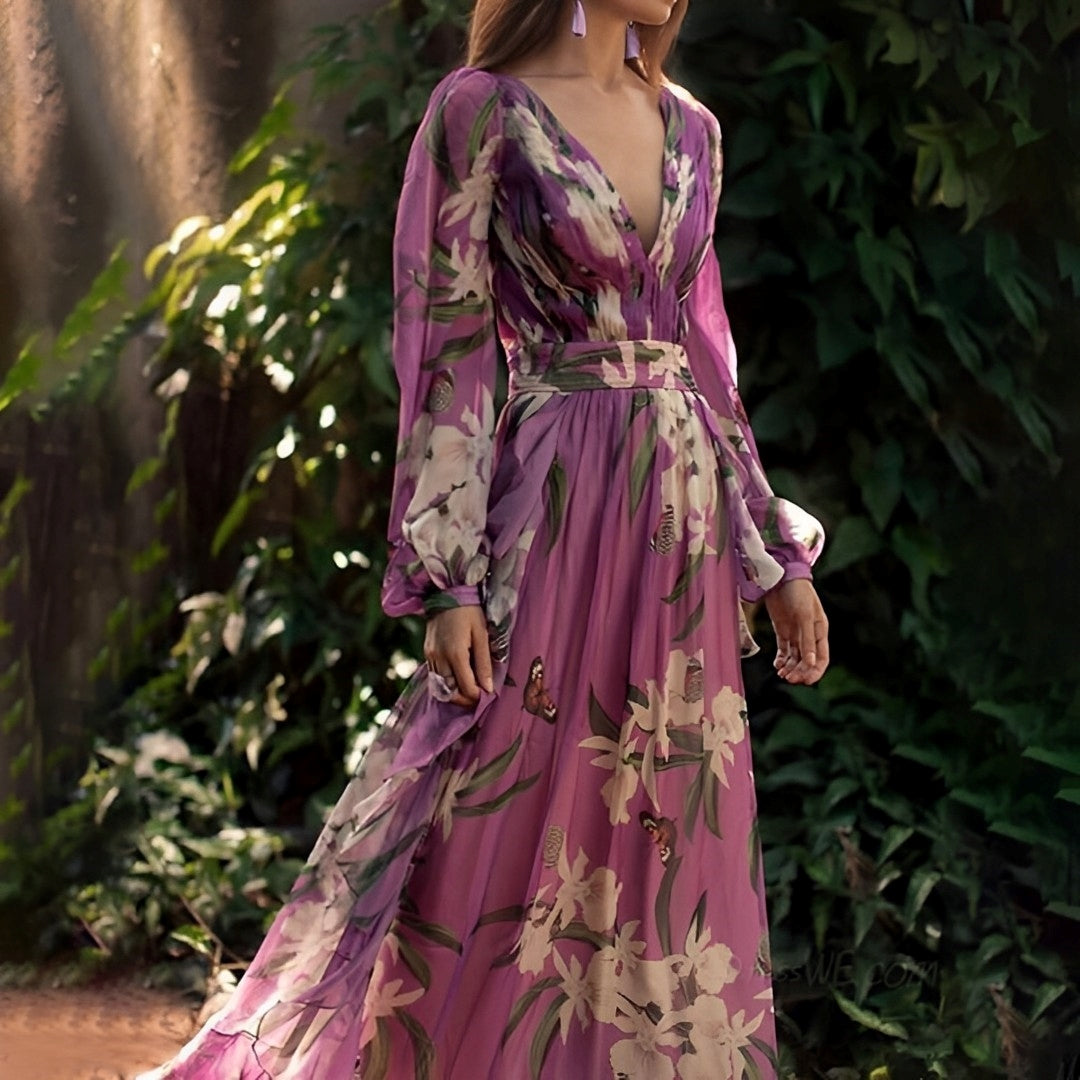 Women’s Printed V-Neck Maxi Dress – Flowing Wedding Guest Style for Day and Evening Events