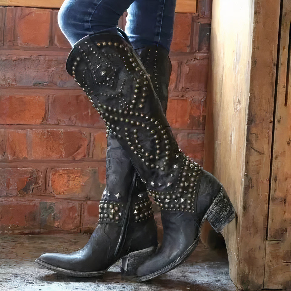 Women’s Studded Western Cowboy Boots – Statement Block Heel Festival Style