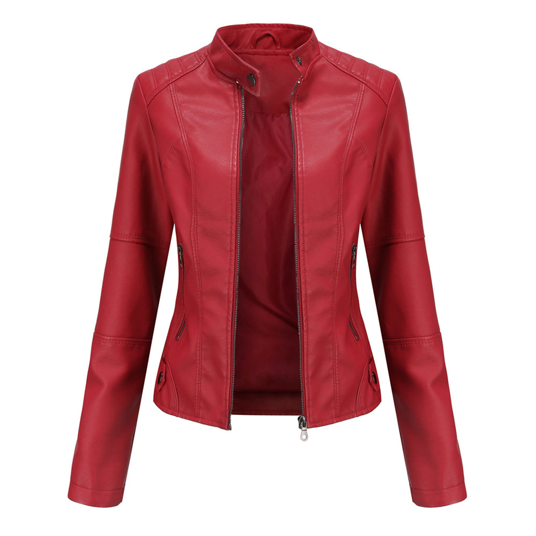 Women’s Faux Leather Biker Jacket – Fitted Zip-Up Layer for Autumn City Wear