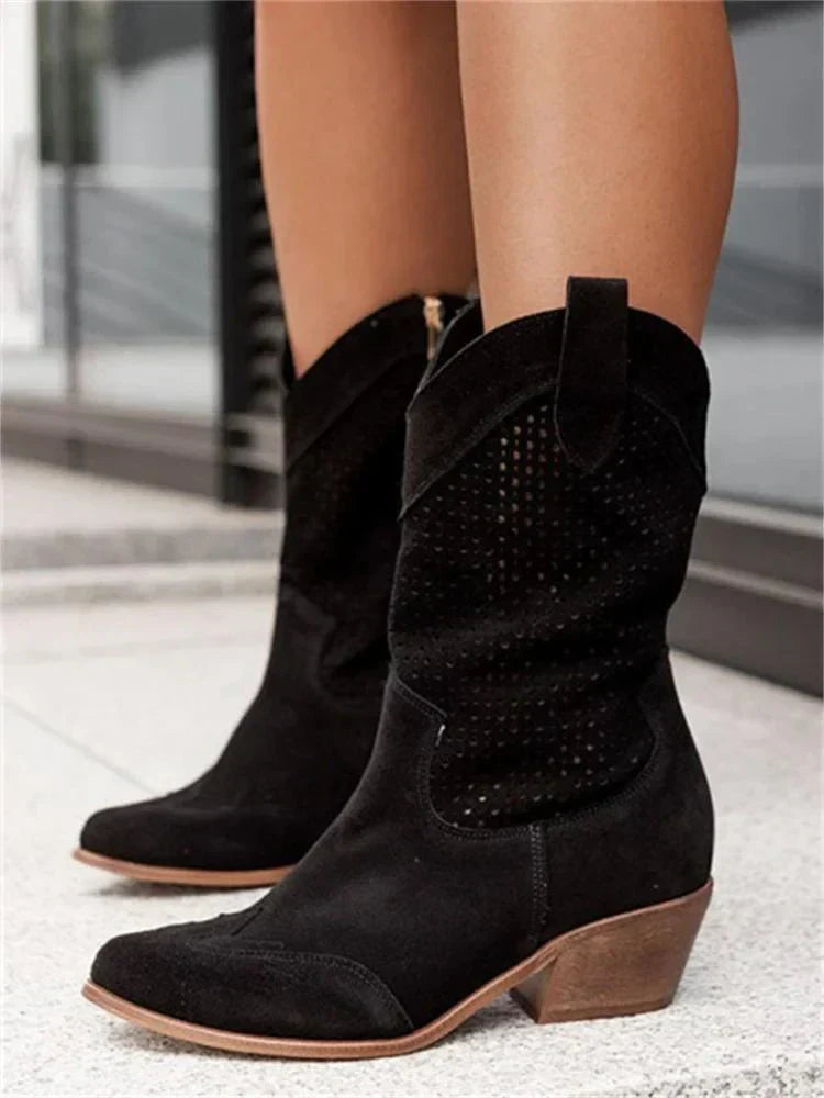 Cizme western de cowboy pentru femei, până la genunchi - cizme elegante, perforate, ușor de încălțat, cu vârf ascuțit și toc gros, pătrat, pentru ținute casual de zi cu zi