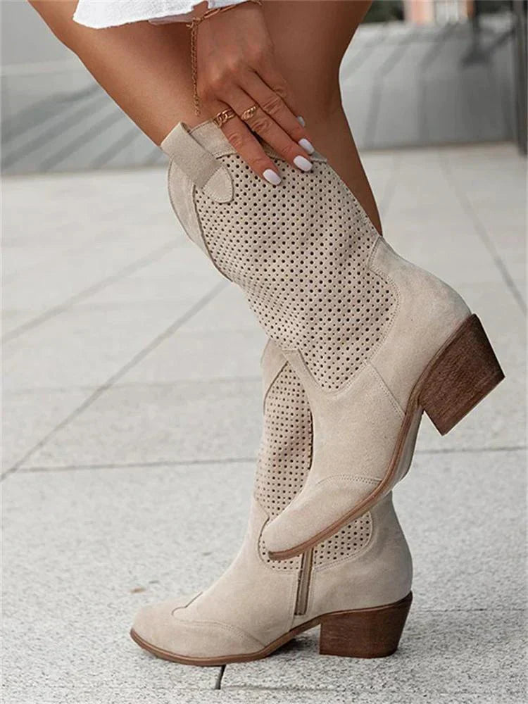 Cizme western de cowboy pentru femei, până la genunchi - cizme elegante, perforate, ușor de încălțat, cu vârf ascuțit și toc gros, pătrat, pentru ținute casual de zi cu zi