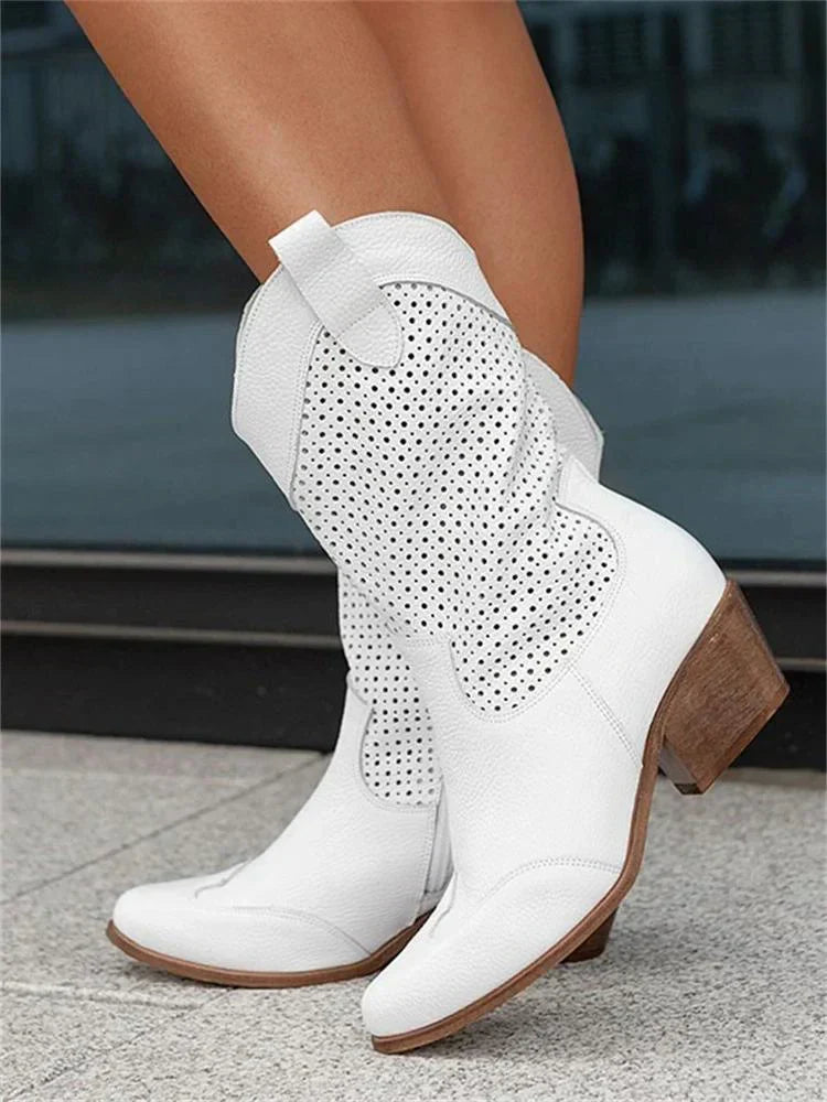 Cizme western de cowboy pentru femei, până la genunchi - cizme elegante, perforate, ușor de încălțat, cu vârf ascuțit și toc gros, pătrat, pentru ținute casual de zi cu zi