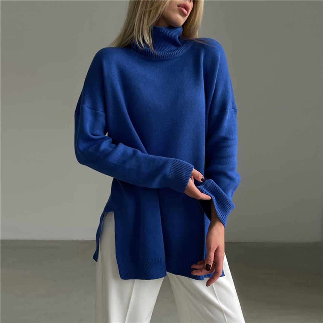 Women’s Turtleneck Sweater Relaxed Fit Side Split Knit Top
