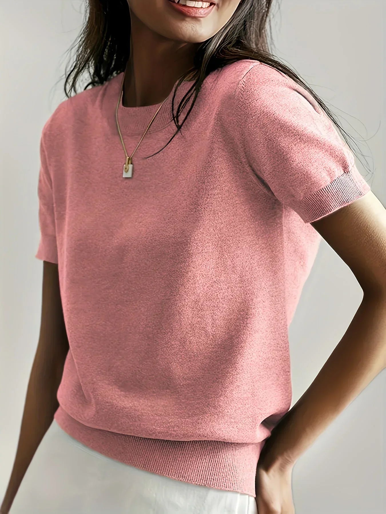 Women’s Fine Knit Sweater with Short Sleeves and Ribbed Trim