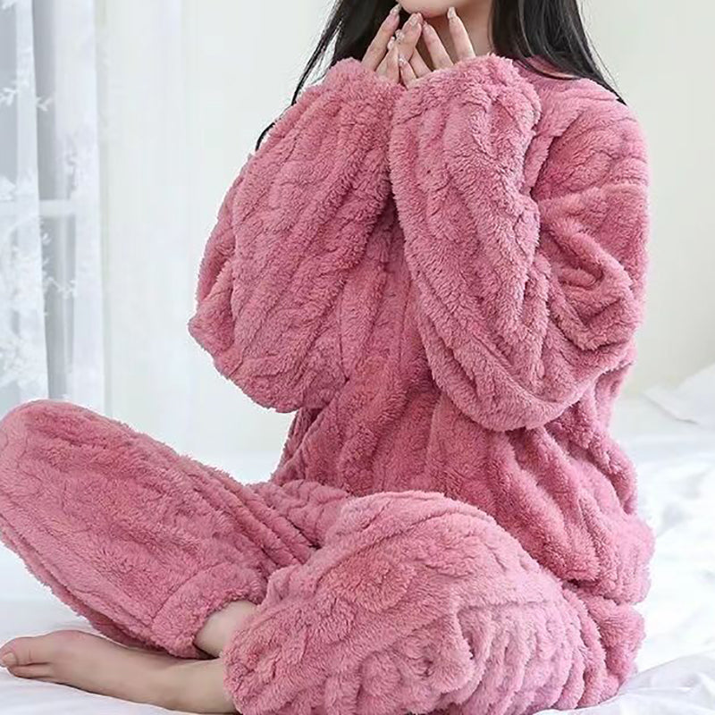Women’s Plush Cable-Texture Lounge Set – Cosy Long-Sleeve Top and Trousers for Winter Comfort