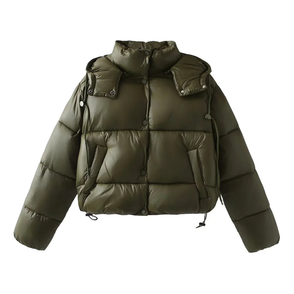 Dámska hrubá prešívaná skrátená páperová bunda s odnímateľnou kapucňou a vysokým golierom – oversized izolované zimné vrchné oblečenie na ležérny streetwear a každodenné obliekanie do chladného počasia