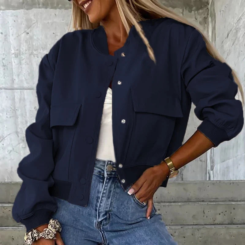 Women’s Relaxed Fit Bomber Jacket – Cropped Snap-Front Layer for Autumn and Winter Casual Wear