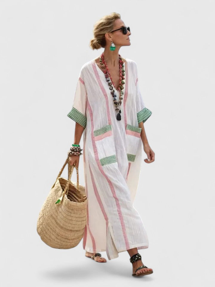 Women’s Oversized Striped Kaftan V Neck Maxi Dress