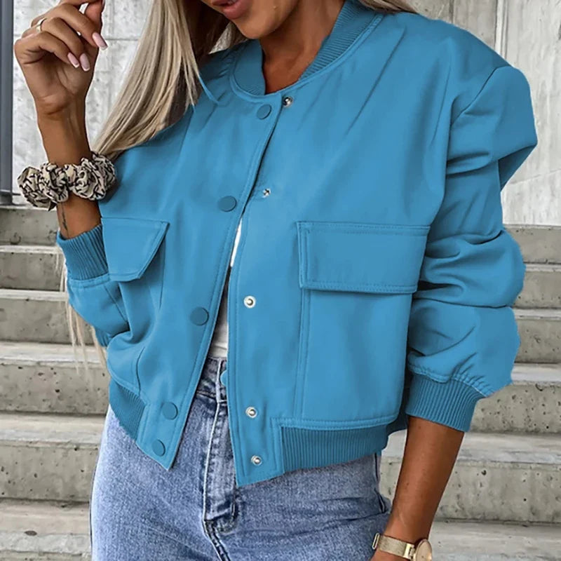 Women’s Relaxed Fit Bomber Jacket – Cropped Snap-Front Layer for Autumn and Winter Casual Wear