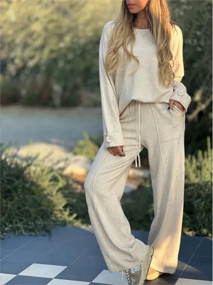 Women’s Relaxed Long-Sleeve Co-Ord Set – Soft Drawstring Wide-Leg Trousers for Everyday and Leisure Wear