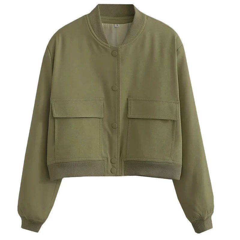 Women’s Relaxed Fit Bomber Jacket – Cropped Snap-Front Layer for Autumn and Winter Casual Wear