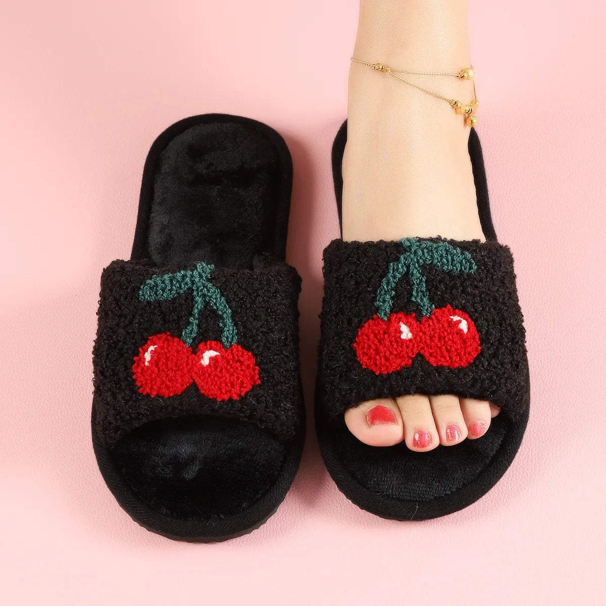 Women’s Cherry-Detail Plush Slide Slippers – Open-Toe House Shoes with Cushioned Sole