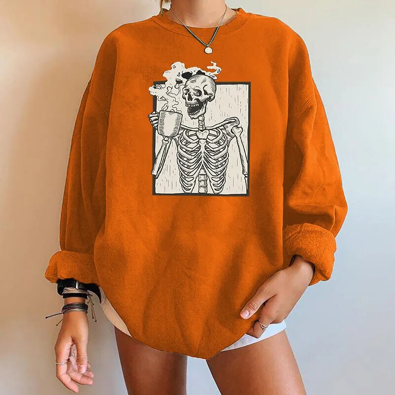 Women’s Skeleton Coffee Graphic Sweatshirt – Relaxed Halloween Pullover for Casual Autumn Wear
