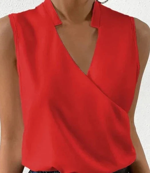 Blouse sans manches pour femme à effet cache-cœur avec col montant - Haut à col V pour le bureau et les soirées