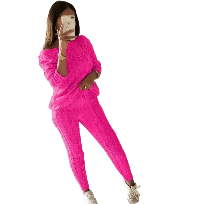 Ensemble pour femme composé d'un pull en maille torsadée et d'un pantalon de jogging à col large - Tenue d'intérieur décontractée deux pièces avec pantalon à poignets pour l'automne et l'hiver