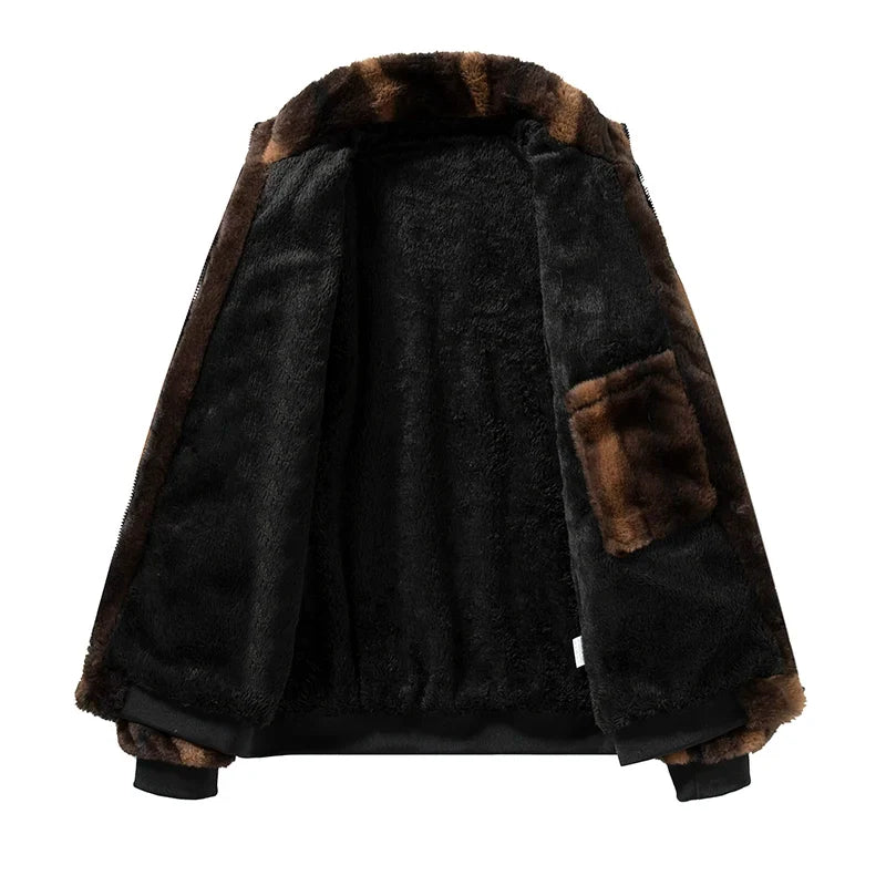 Veste en fausse fourrure pelucheuse pour homme - vêtement d’extérieur d’hiver épais avec col montant et finitions côtelées