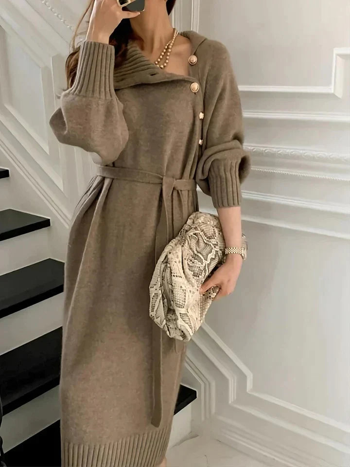 Women’s Elegant Turtleneck Sweater Dress with Buttons and Tie Waist for Autumn Winter
