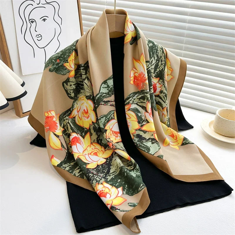 Foulard carré pour femme au toucher satiné - Écharpe légère imprimée à porter autour de la tête ou du cou, pour un style élégant en toute saison