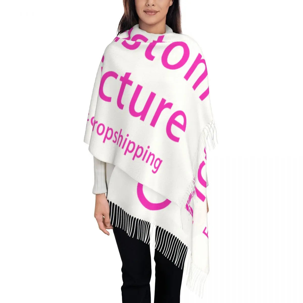 Women’s Personalised Printed Winter Scarf – Soft Fringed Polyester Wrap with Custom Photo or Logo for Autumn and Winter Wear