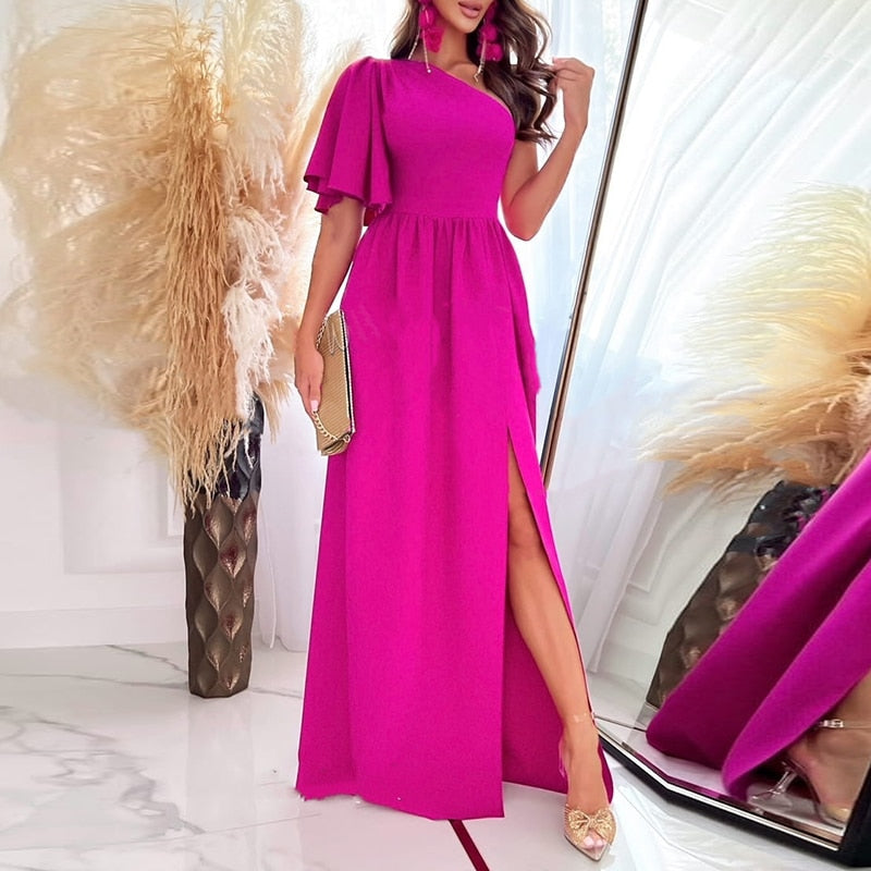Vestido largo de una sola manga para mujer con abertura en el muslo, elegante vestido de noche