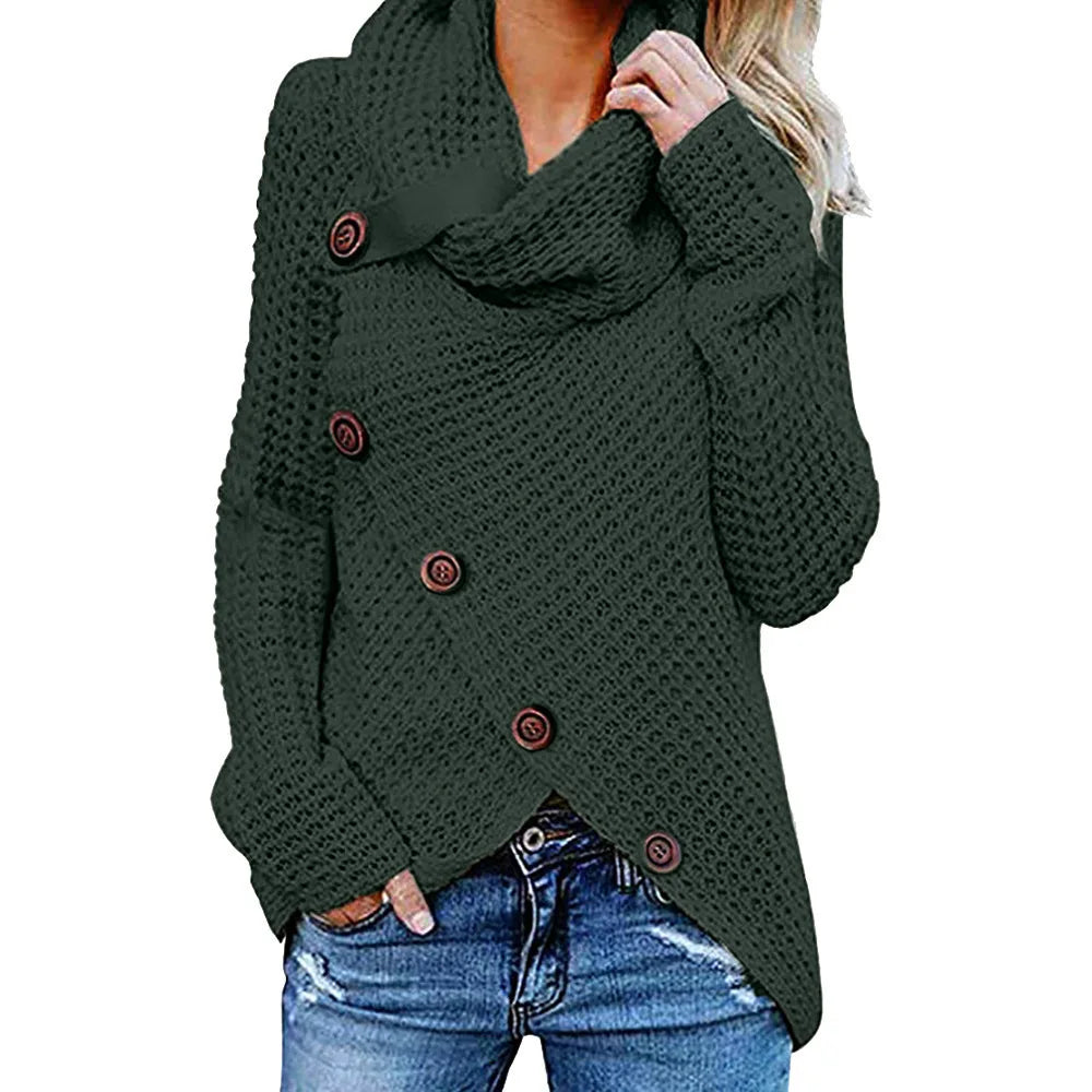 Women's Chunky Knit Turtleneck Sweater with Asymmetric Button Front and Oversized Cowl Neck – Relaxed Fit Textured Long Sleeve Pullover with Draped Hem for Cosy Autumn and Winter Casual Wear