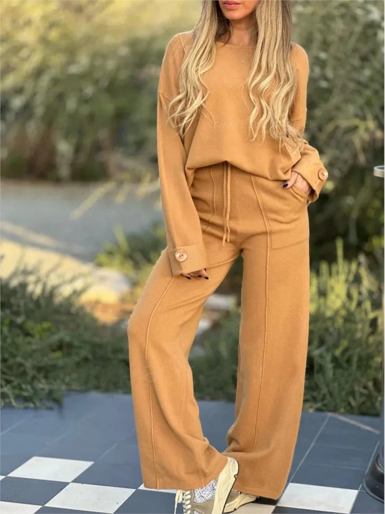 Women’s Relaxed Long-Sleeve Co-Ord Set – Soft Drawstring Wide-Leg Trousers for Everyday and Leisure Wear