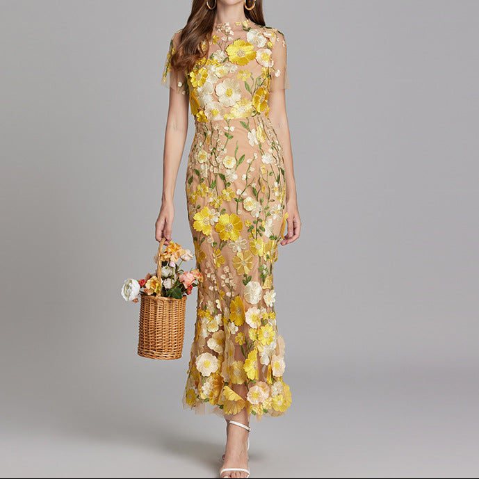 Vestido maxi transparente estampado para mulher – vestido justo de cerimónia para casamentos de primavera e festas no jardim