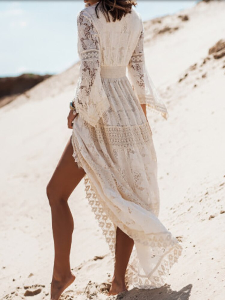 Kvinders Boheme Blonde Maxi Kjole Ærmeløs V-Hals Strand Sommerkjole