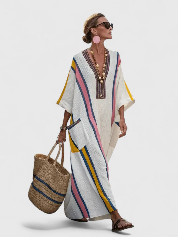 Women’s Oversized Striped Kaftan V Neck Maxi Dress