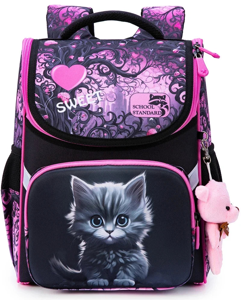 Schulrucksack für Kinder mit Katzenmotiv – Formstabile Grundschultasche mit mehreren Fächern und verstellbaren Trägern
