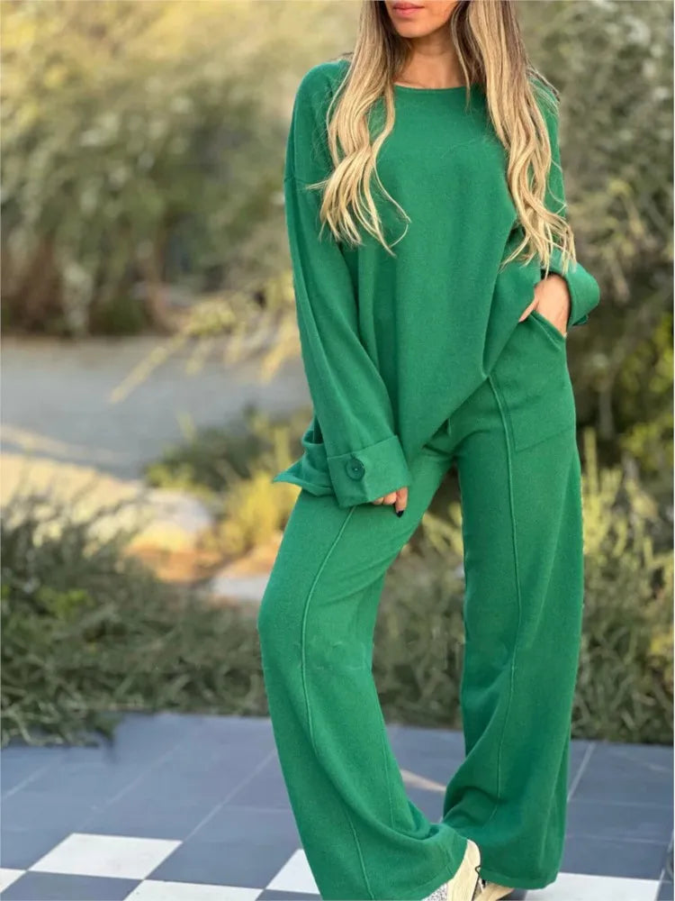 Women’s Relaxed Long-Sleeve Co-Ord Set – Soft Drawstring Wide-Leg Trousers for Everyday and Leisure Wear