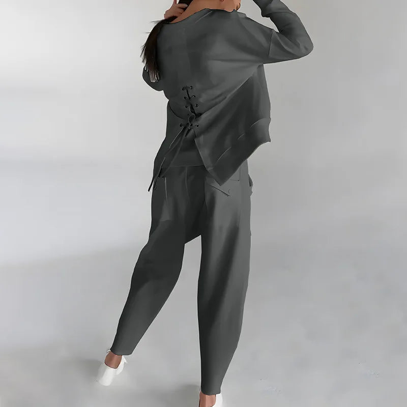 Sweatshirt voor dames met ronde hals en cargojogger – relaxte tweedelige casual outfit