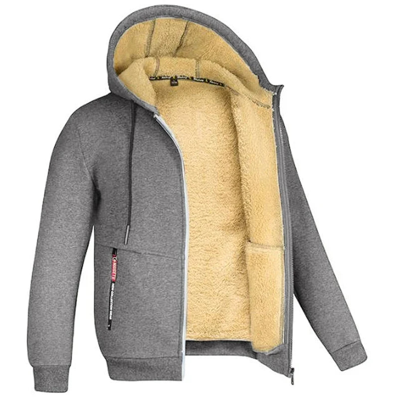 Veste polaire à capuche en peluche pour homme - couche d'hiver épaisse zippée avec poignets côtelés