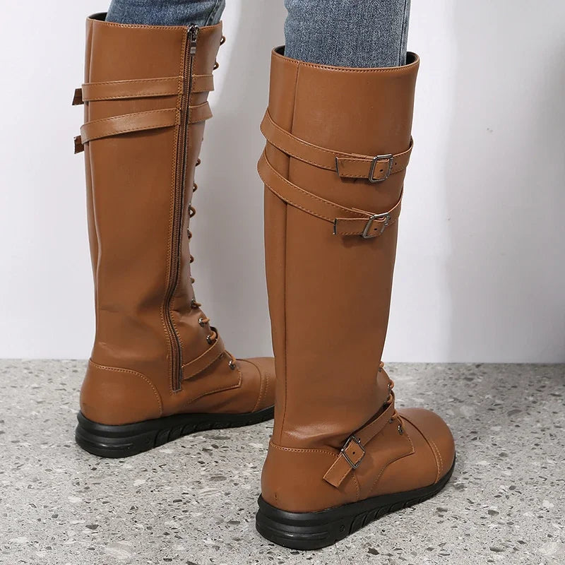 Bottes de combat d’hiver montantes jusqu’aux genoux en cuir pour femme, à lacets, avec brides à boucle et fermeture éclair latérale