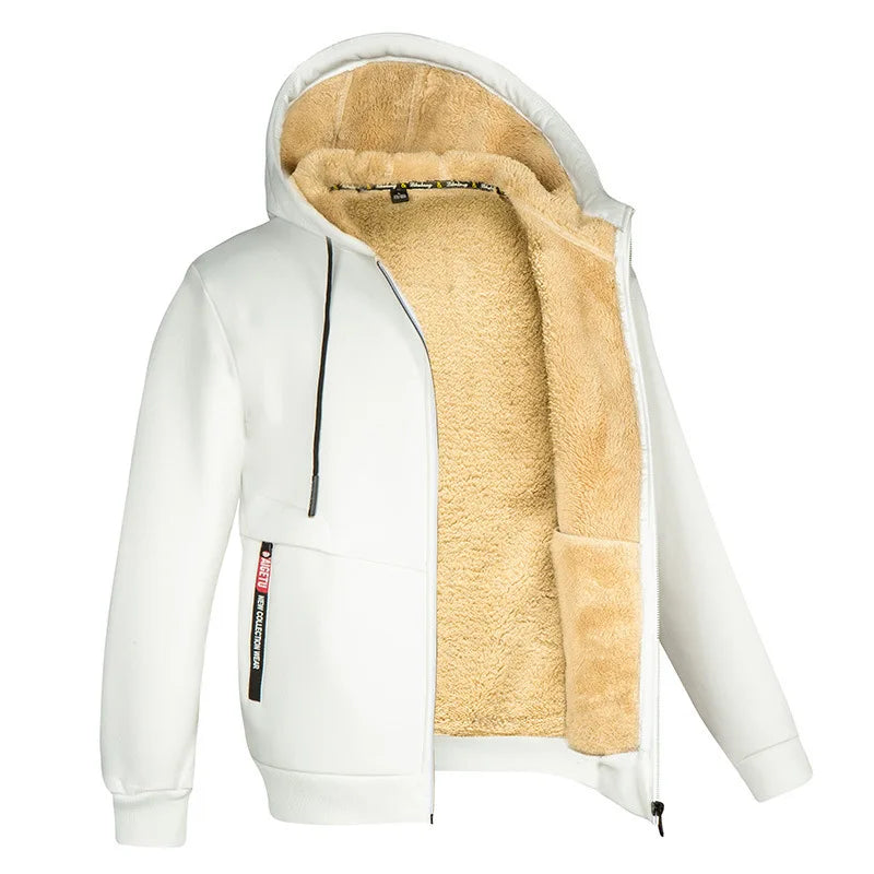 Veste polaire à capuche en peluche pour homme - couche d'hiver épaisse zippée avec poignets côtelés