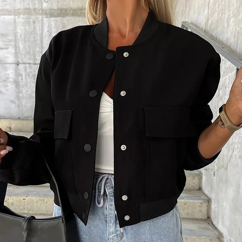 Women’s Relaxed Fit Bomber Jacket – Cropped Snap-Front Layer for Autumn and Winter Casual Wear