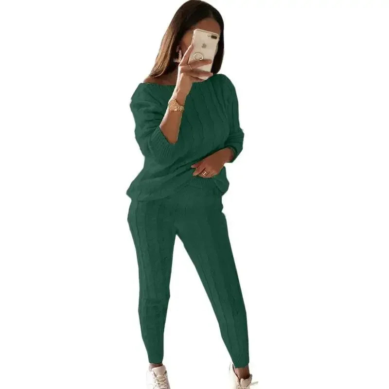 Ensemble pour femme composé d'un pull en maille torsadée et d'un pantalon de jogging à col large - Tenue d'intérieur décontractée deux pièces avec pantalon à poignets pour l'automne et l'hiver