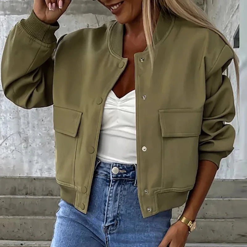 Women’s Relaxed Fit Bomber Jacket – Cropped Snap-Front Layer for Autumn and Winter Casual Wear