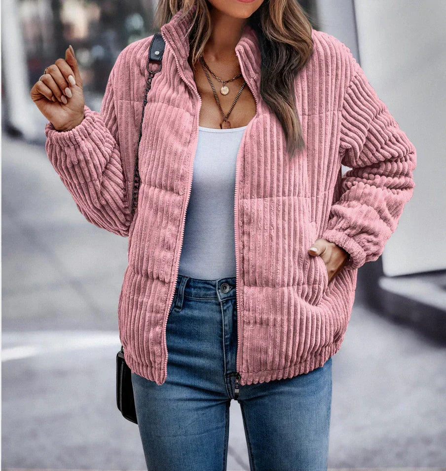 Veste en velours côtelé côtelé pour femme – couche décontractée zippée pour un style hivernal casual