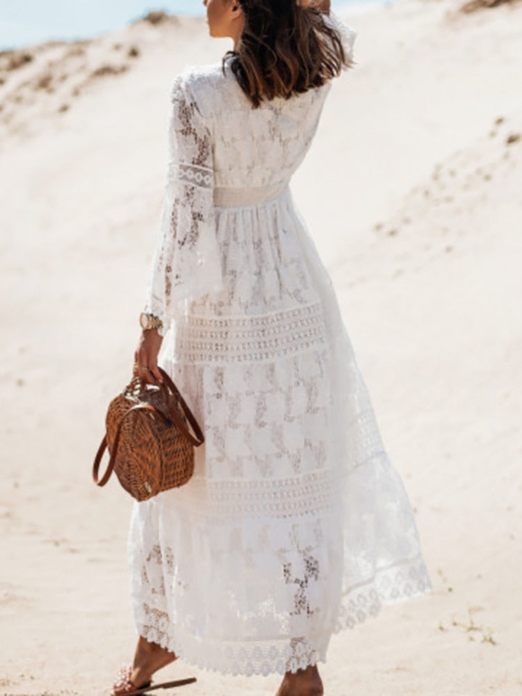 Kvinders Boheme Blonde Maxi Kjole Ærmeløs V-Hals Strand Sommerkjole