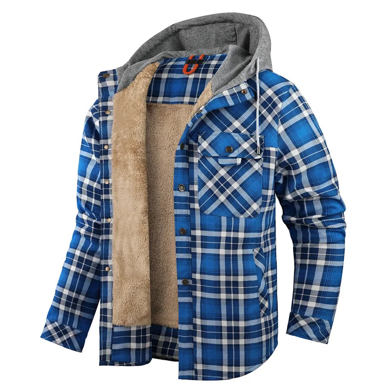 جاكيت قميص رجالي بنقشة مربعات، بغطاء رأس وبطانة من الصوف الناعم - قميص شتوي دافئ يُغلق بالأزرار