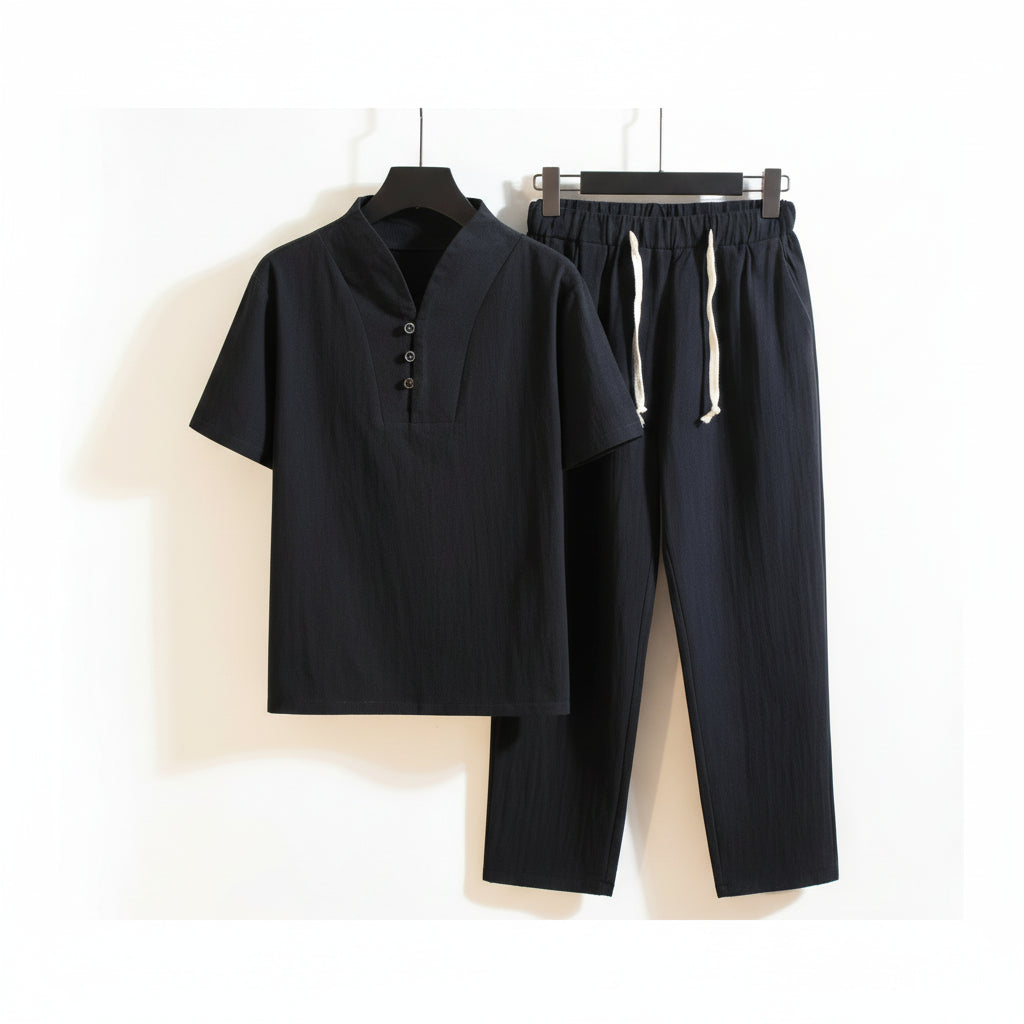 Men’s Cotton Linen Outfit – Short Sleeve Shirt Ankle Length Trousers Breathable Comfortable Lightweight Spring Summer Clothing
