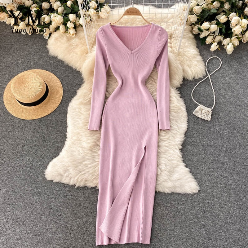 Women’s Ribbed Knit Bodycon Maxi Dress – Long Sleeve V-Neck Style for Autumn and Winter
